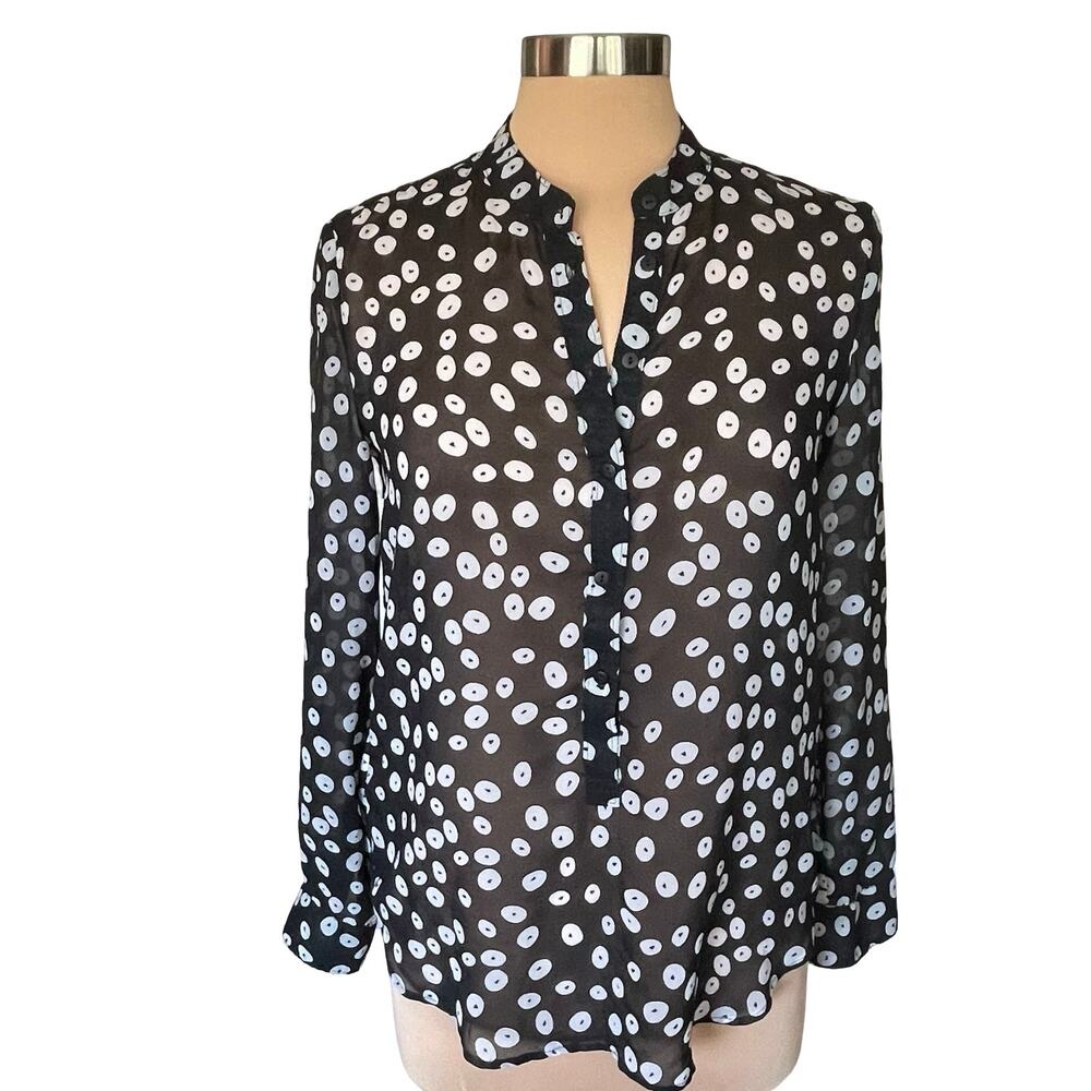 Mango NWOT Sheer Chiffon Button Front Blouse Black White Dot Print Sz XXS